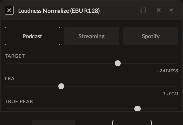 Screenshot of the Loudness Normalize (EBU R128) control in Fictura
