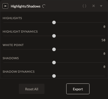Screenshot of the Highlights/Shadows control in Fictura