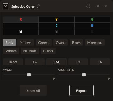 Screenshot of the Selective Color control in Fictura