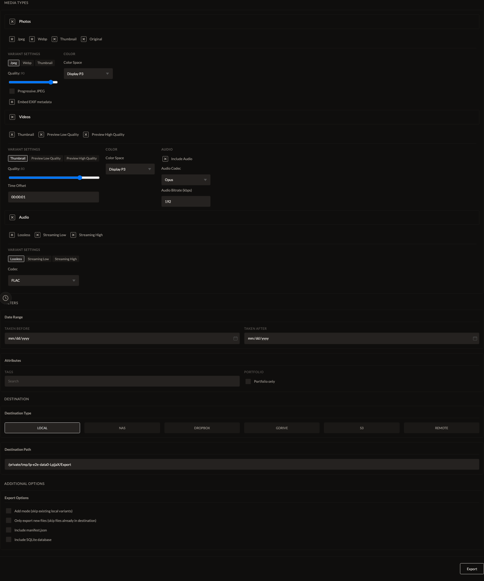 Fictura's export options, per media type